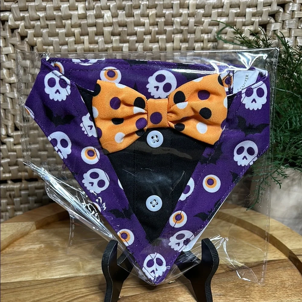Halloween Skull and Bat Bandana with Orange Bow Tie small